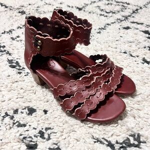BALI ELF Handmade Seaside Soft Leather Heeled Sandals Scalloped Brown Size 7.5